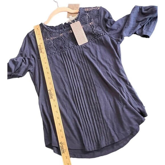 Daniel Rainn Navy Lace Yolk Pleat Front 3/4 Sleeve Jersey Top Size PSmall NWT - Picture 9 of 10